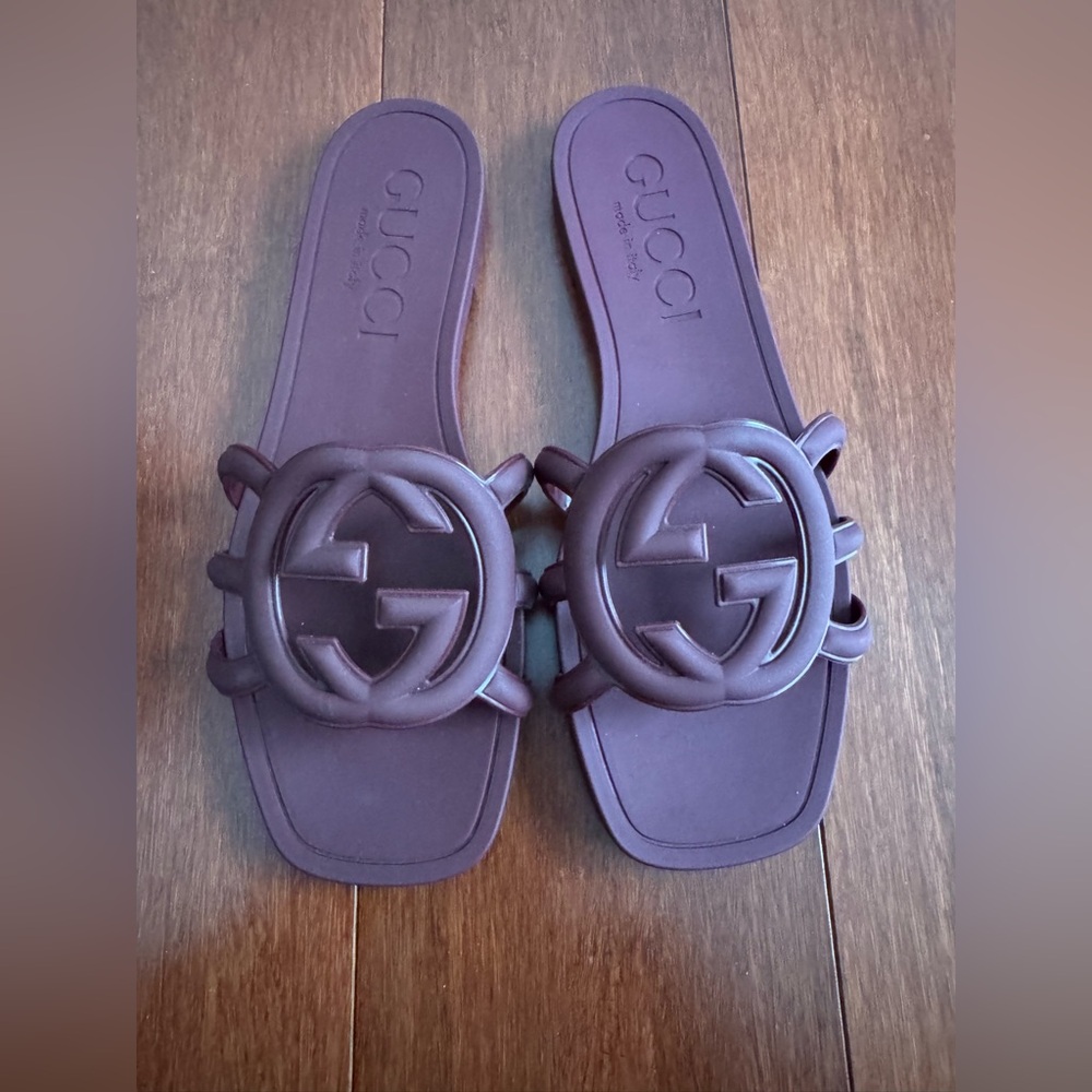 Gucci Palma Interlocking Logo Details Slide Rubber Sandals Burgundy EU 38 - Picture 2 of 10